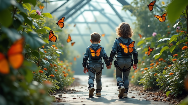 Aperçu de la Mobilité: Enfants Marchant Parmi les Papillons avec l'Aide des Robots